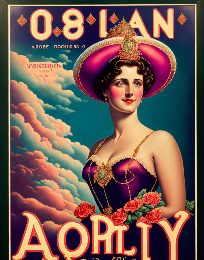 Vintage-style poster with woman in decorative hat & Cyrillic text, vibrant colors.