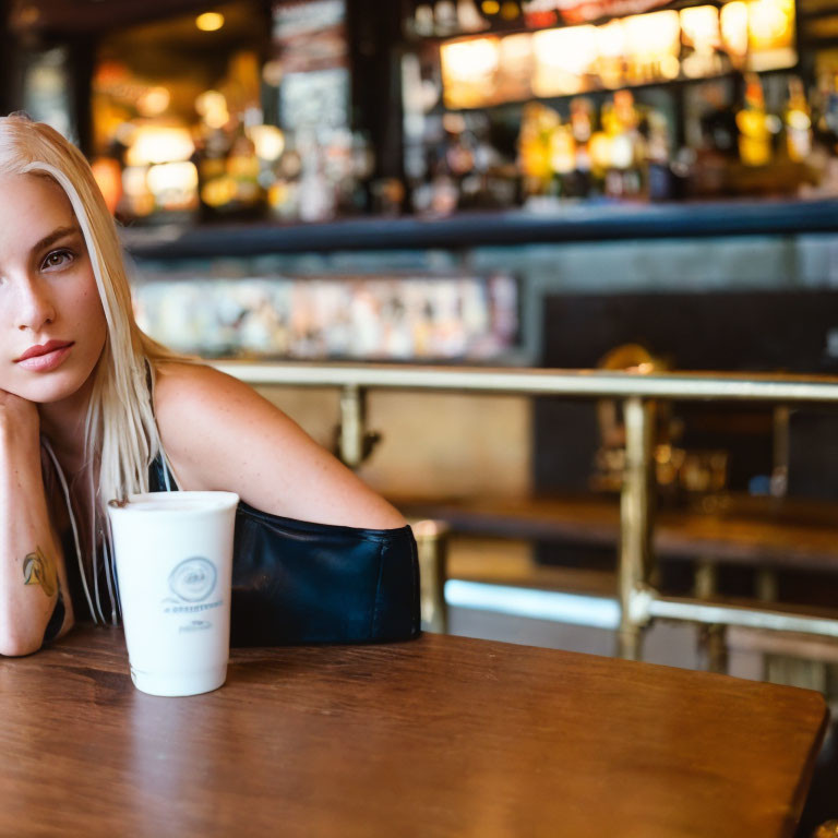 Blonde woman sitting at wooden table in café with cup, blurred bar background