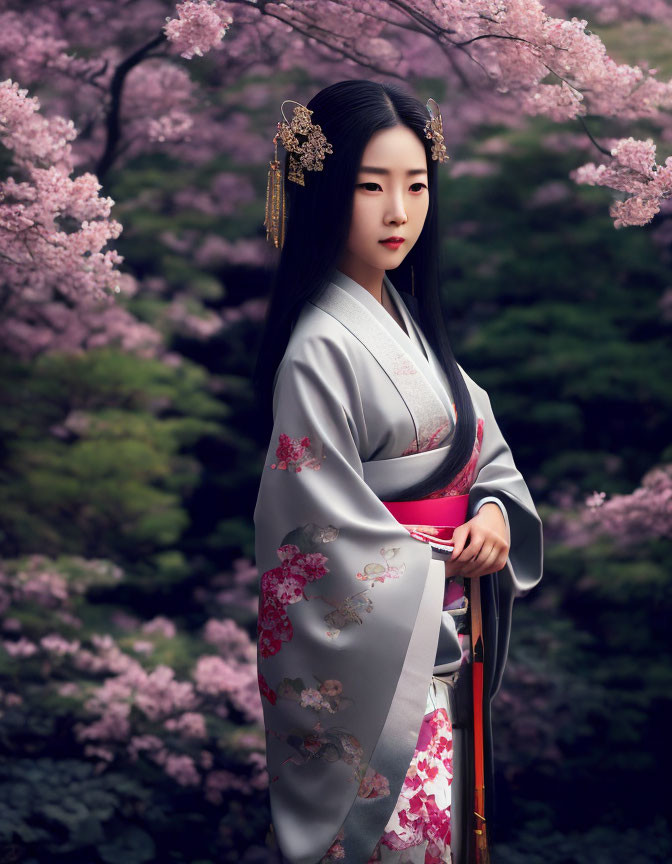 Woman in Floral Kimono Surrounded by Pink Cherry Blossoms