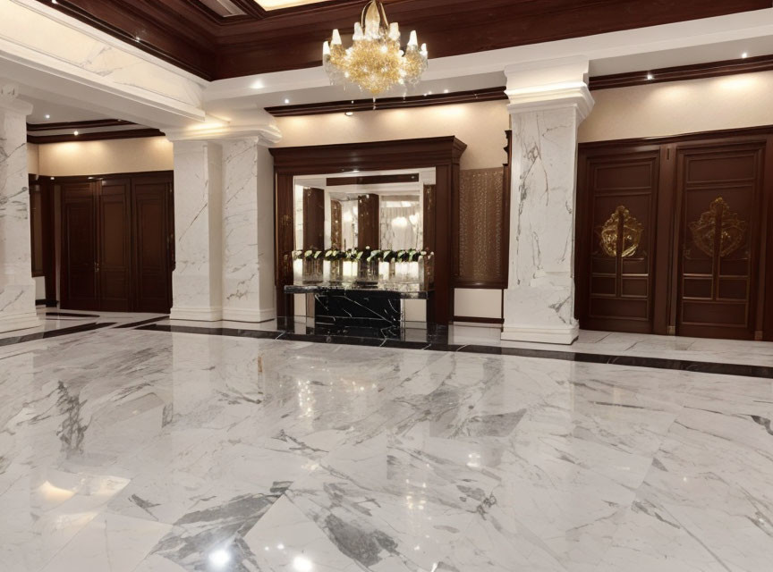 Luxurious Lobby with Marble Floors and Ornate Chandeliers