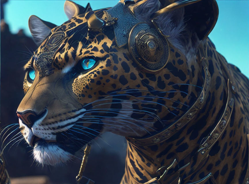 Realistic digital artwork: Jaguar with blue eyes, steampunk-style metallic gear and leather straps.