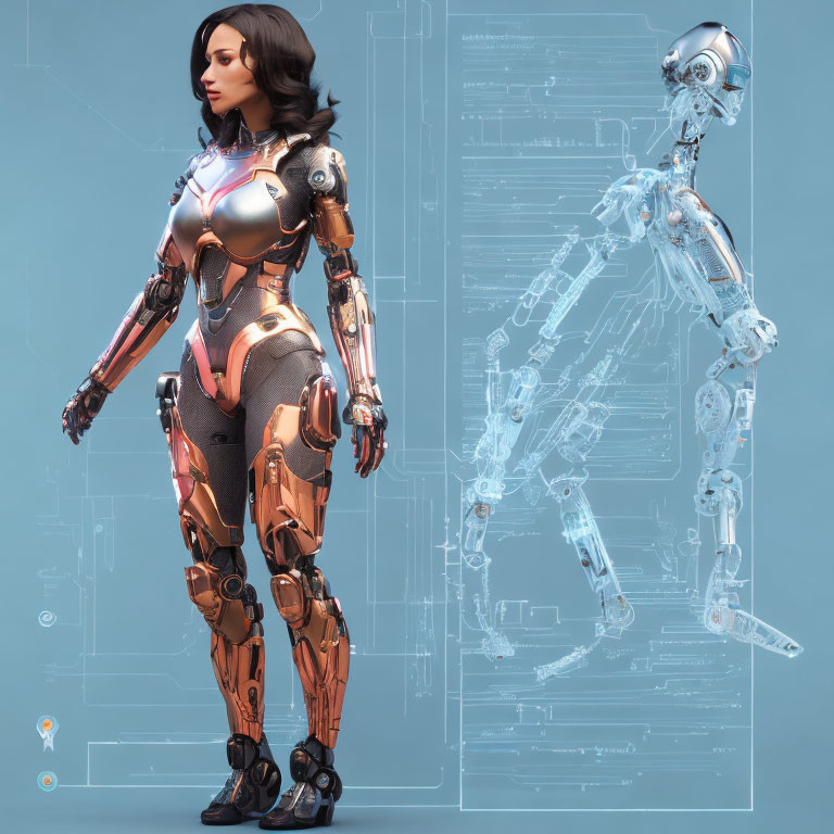 Female Android with Copper Armor and Holographic Skeleton Display