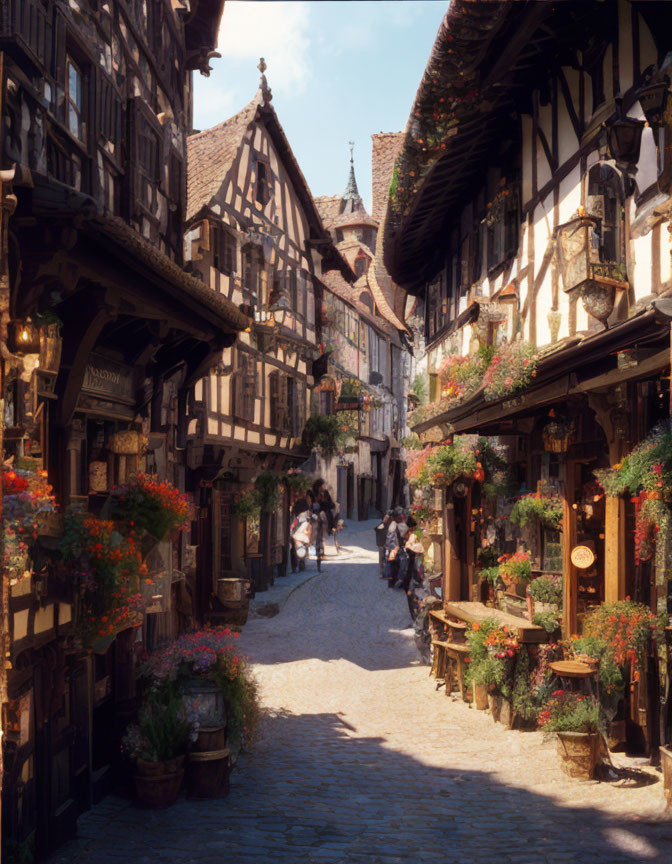 Traditional half-timbered houses on cobblestone street with colorful flowers