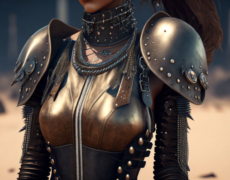 Person in Leather Armor with Metal Shoulder Pad in Desert Environment