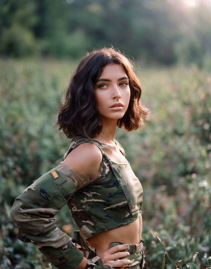 Woman with Short Wavy Hair in Camo Crop Top Standing in Field