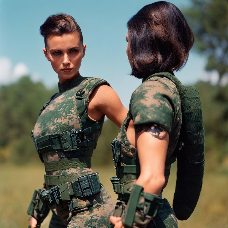 Two women in camouflage military uniforms standing back-to-back outdoors.