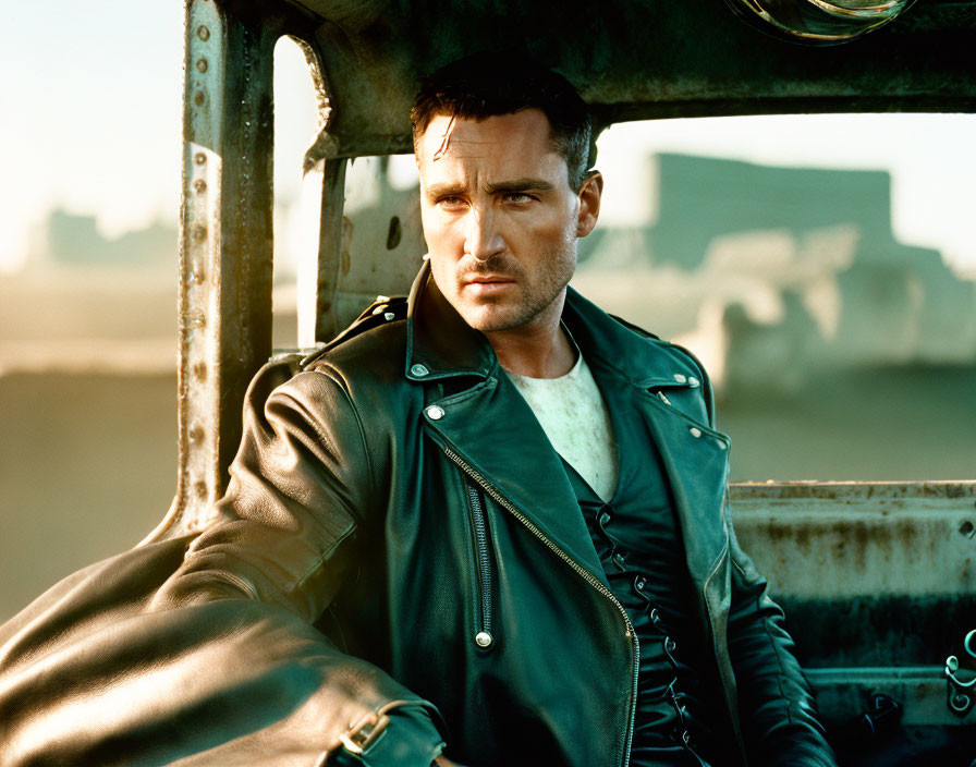 Man in Leather Jacket Contemplating Inside Vintage Car at Sunset