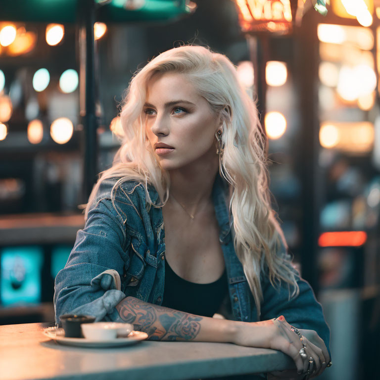 Blond woman with tattoos in denim jacket at cafe table