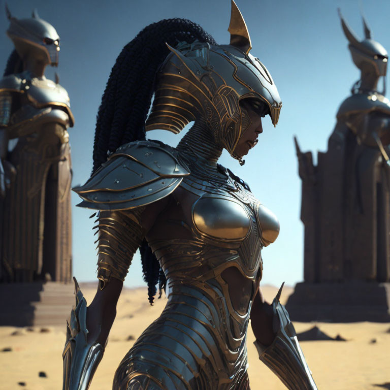 Female Warrior 3D Rendering in Golden Armor with Hawk Helmet in Desert Setting