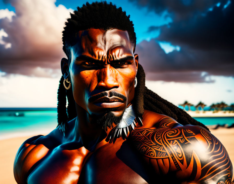 Muscular man with tribal tattoos and intense gaze on beach backdrop