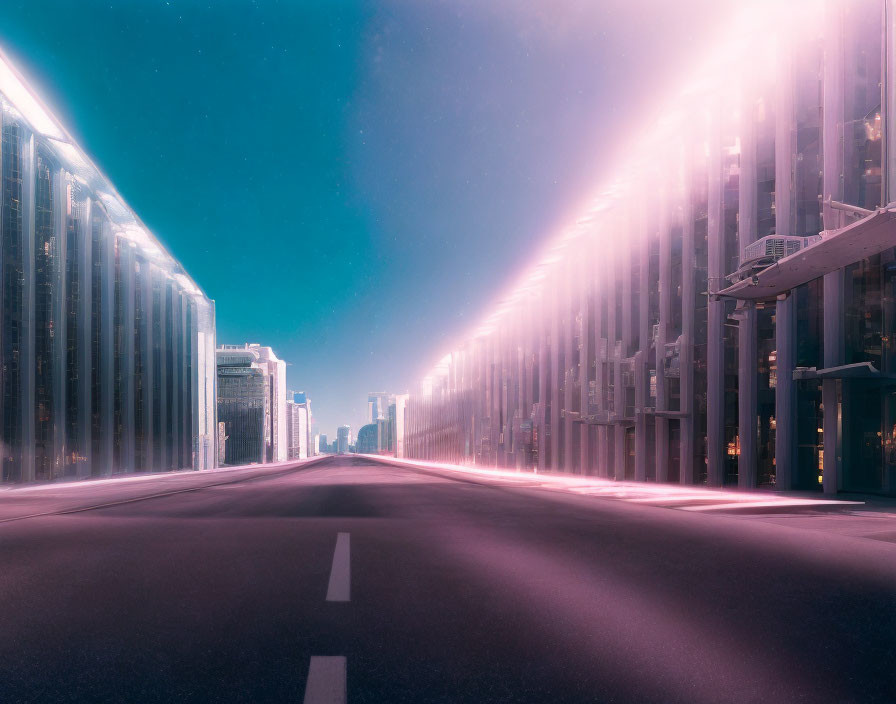 Modern buildings line empty urban road at twilight