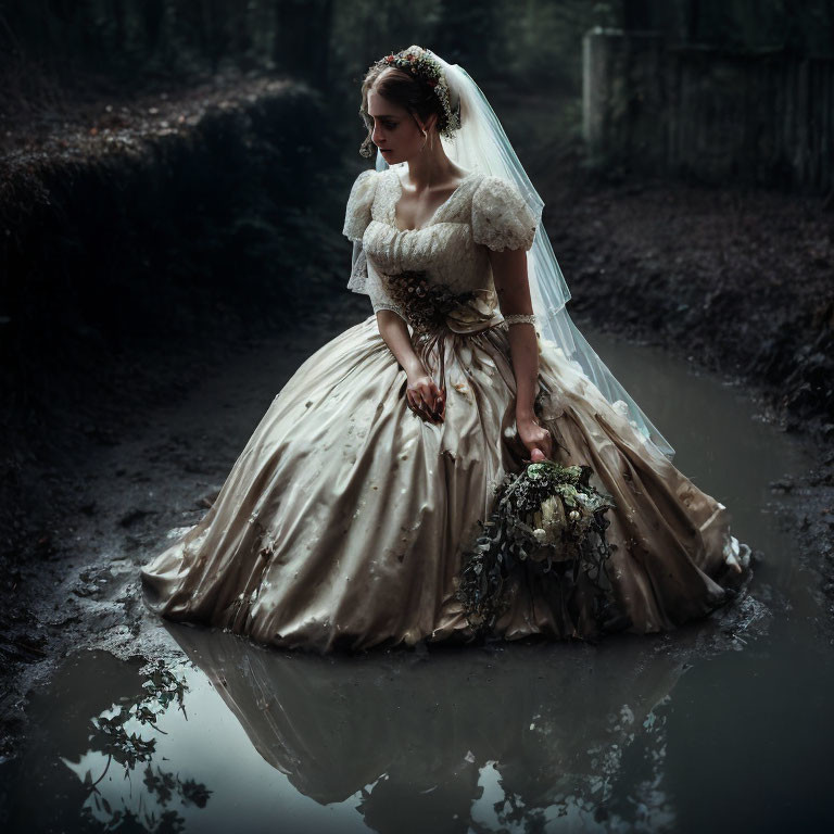 Vintage bride in gown and veil by dark forest pond