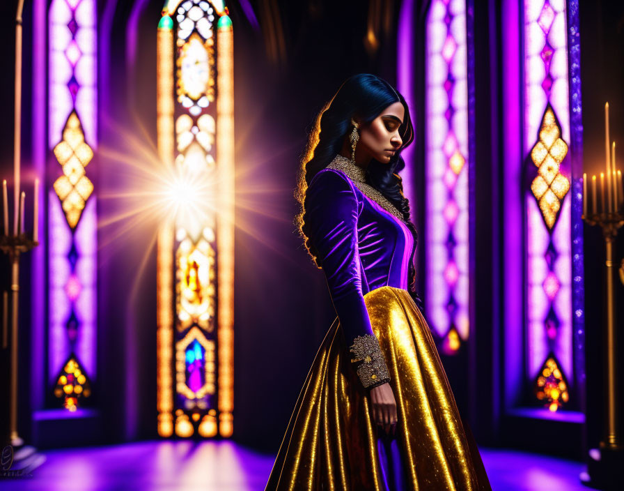 Woman in dark purple and gold dress in church with stained glass windows and candles