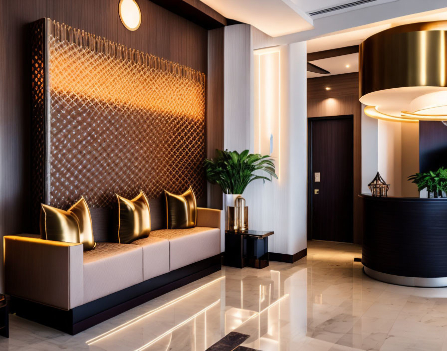 Sophisticated hotel lobby with gold pillows, ambient lighting, and patterned backdrop