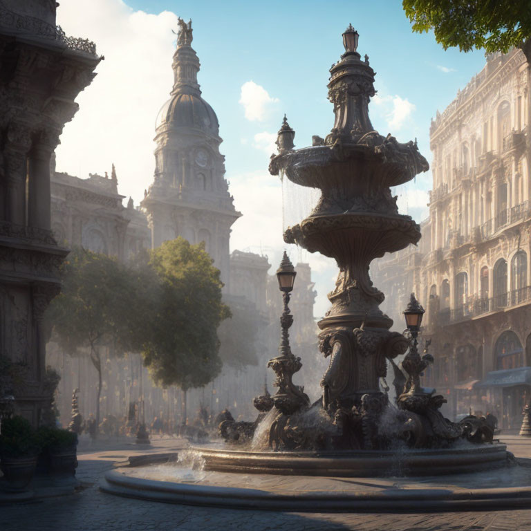 Ornate fountain with statues and water jets against classic European architecture