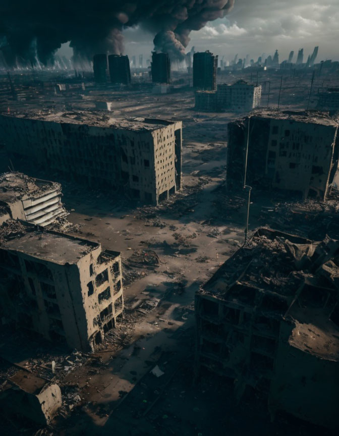 Desolate urban landscape with derelict buildings and industrial smoke