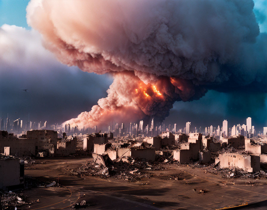 Devastated cityscape with massive fire and dark smoke.