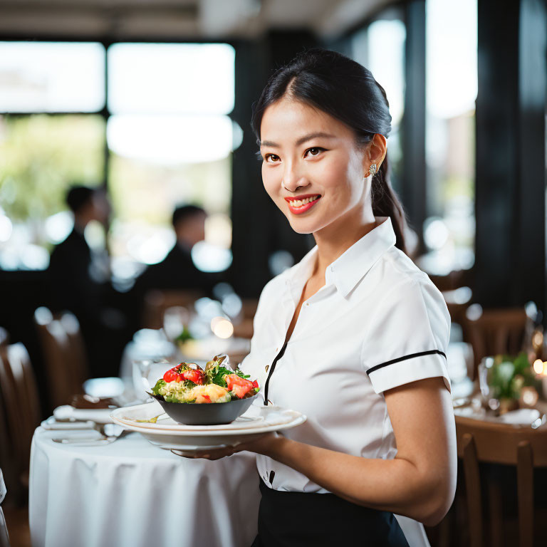 Waitress in black and white uniform serving fresh salad in well-lit restaurant