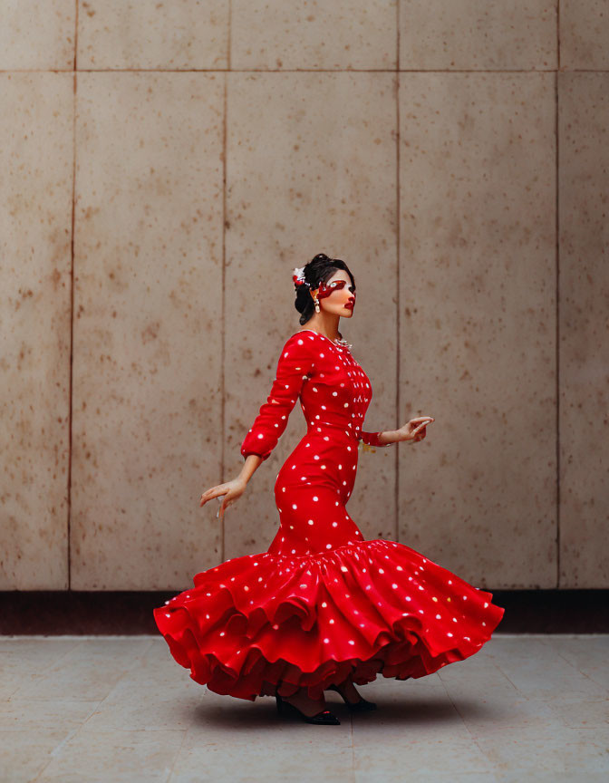 Woman in Red Polka Dot Flamenco Dress Dancing Gracefully