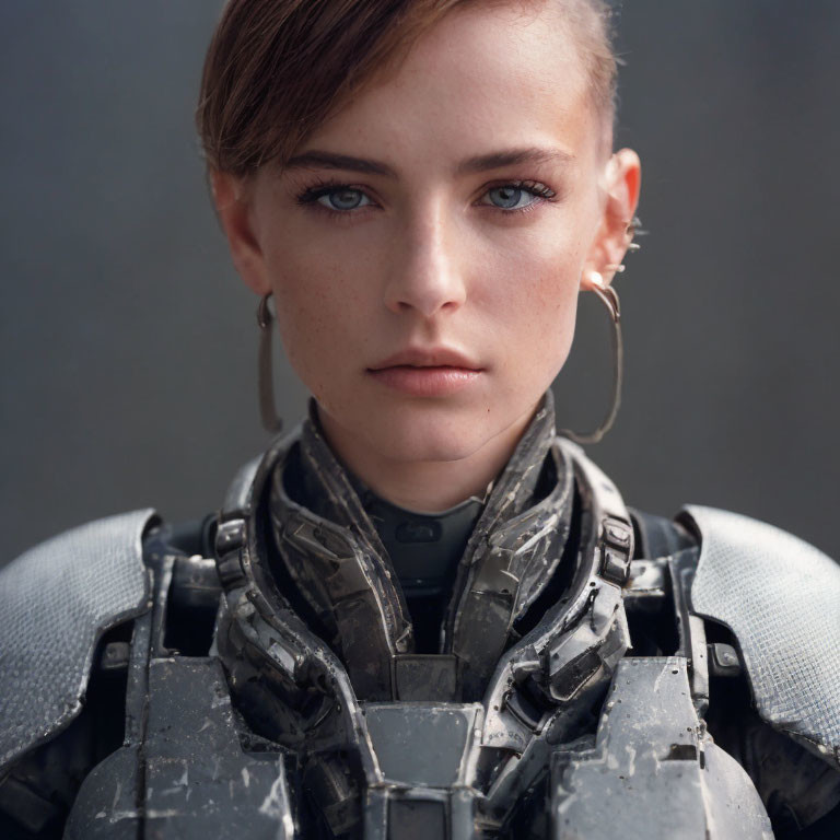 Female in futuristic armor with stern expression and metallic details.