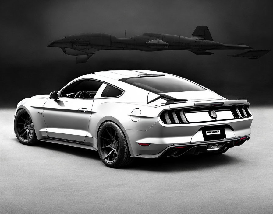 Silver Ford Mustang with Racing Stripes Parked Next to Jet Fighter Aircraft