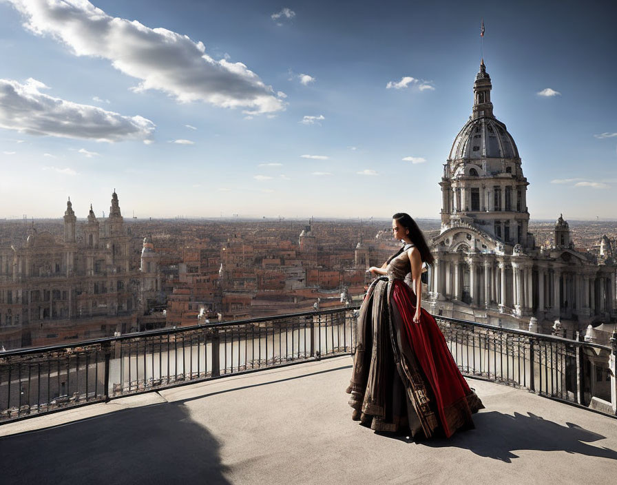 Woman in long gown views historic cityscape from balcony