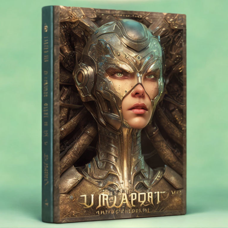 Futuristic female warrior in ornate armor on teal background - "JIRADPORI