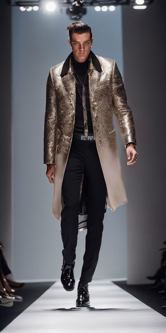 Male Model in Glittery Gold and White Coat on Runway