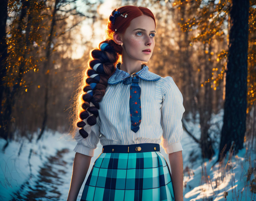 Woman with long braided hair in vintage outfit in snowy forest at golden hour