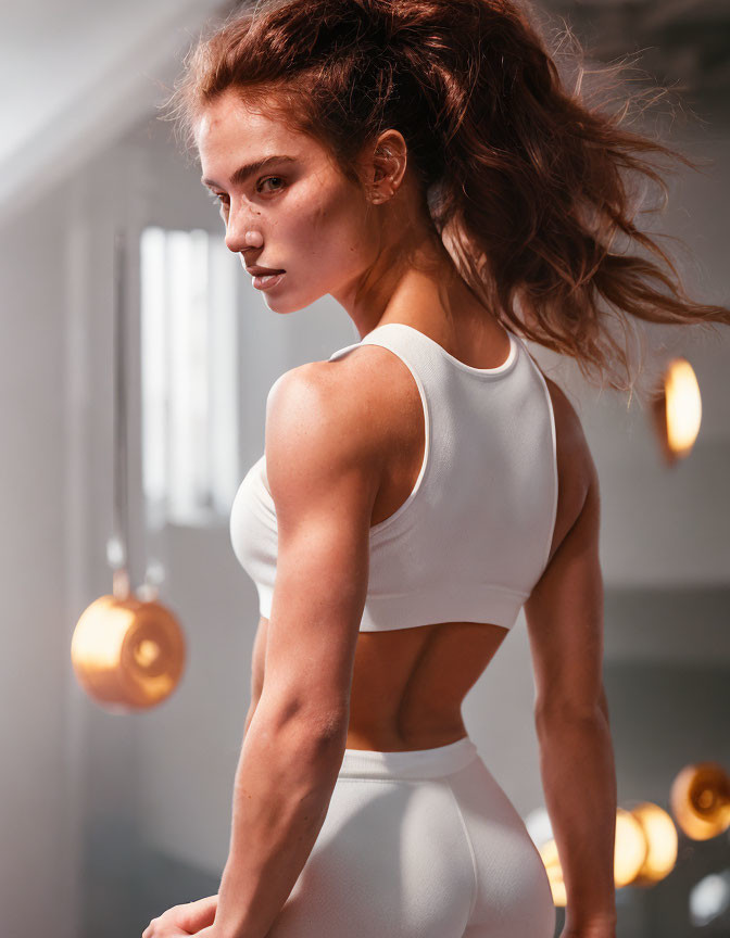 Woman in White Sportswear Glancing Back in Well-Lit Room