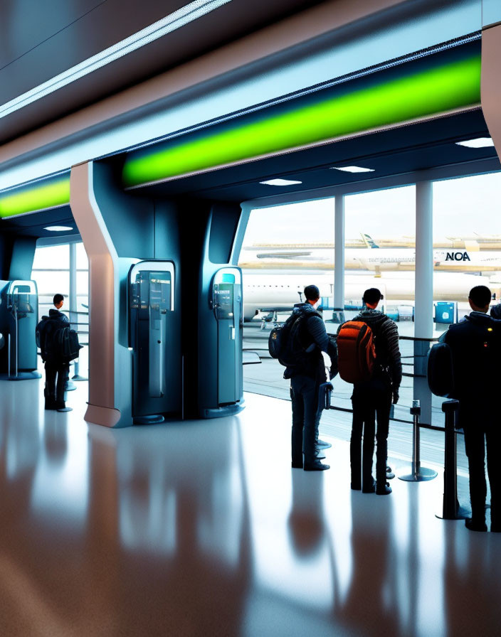 Passengers waiting in line at airport check-in with airplane in view.