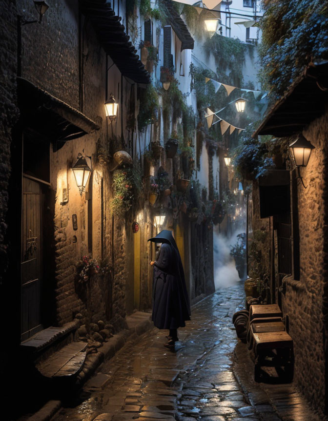 Mysterious figure in cloaked alley at dusk or dawn