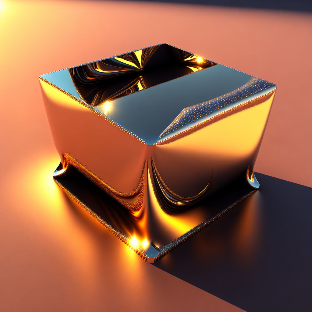 Golden Reflective Cube with Intricate Cutout Design on Smooth Surface