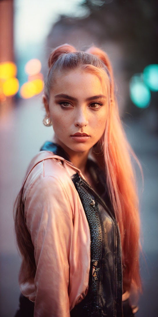 Pink-Haired Woman in Satin Jacket Poses on City Street at Twilight