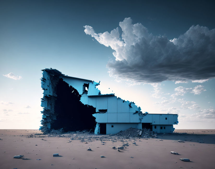 Abandoned building with crumbling side under vast blue sky