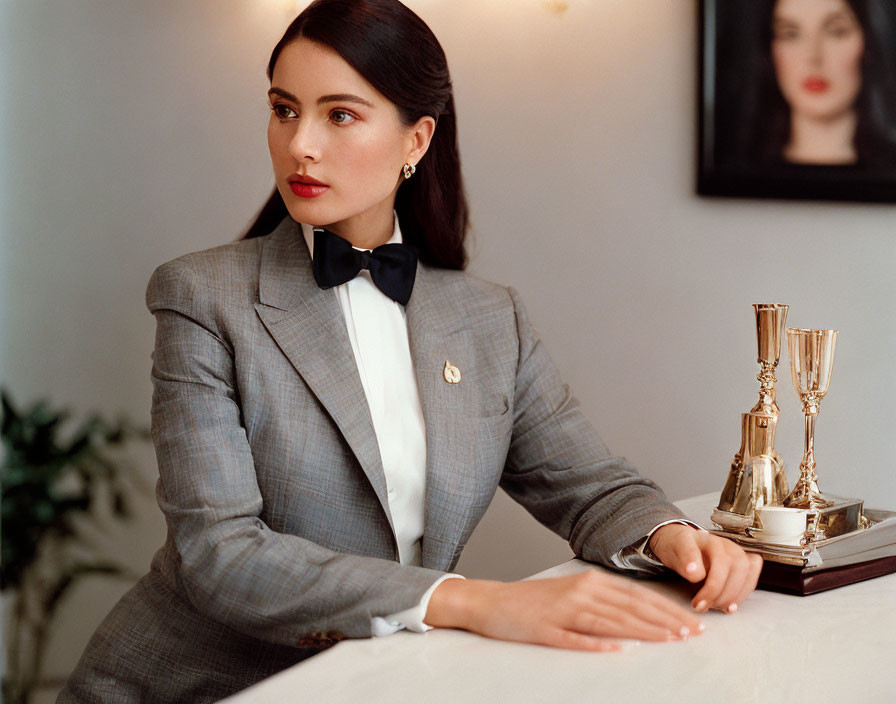 Elegant woman in gray suit and bow tie at table with candlesticks and painting