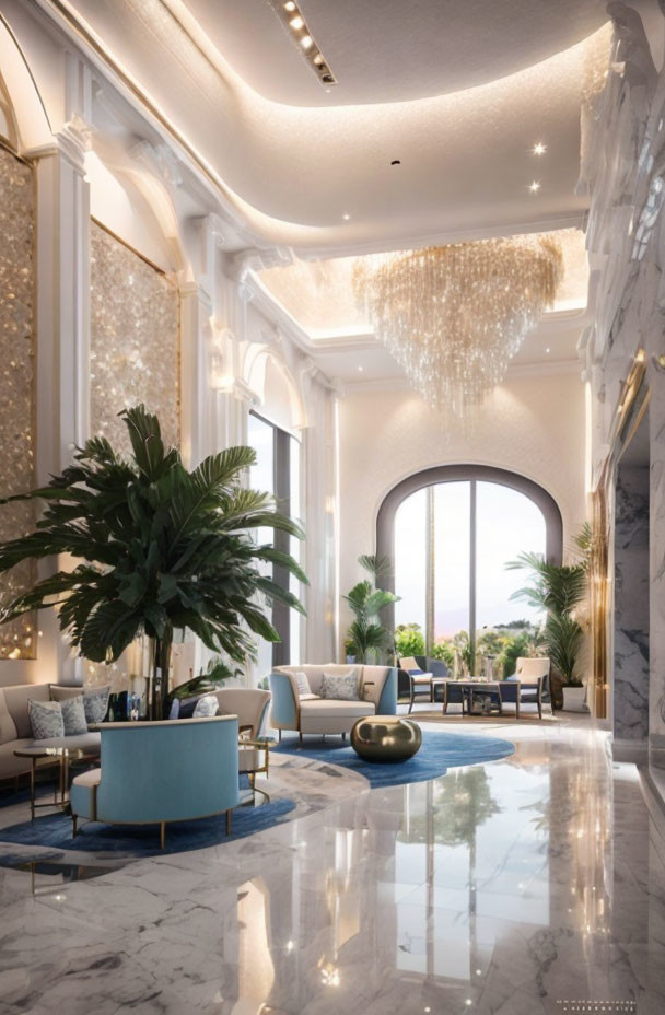 Luxurious lobby with marble floors, crystal chandelier, tall windows, plush seating, and lush plant