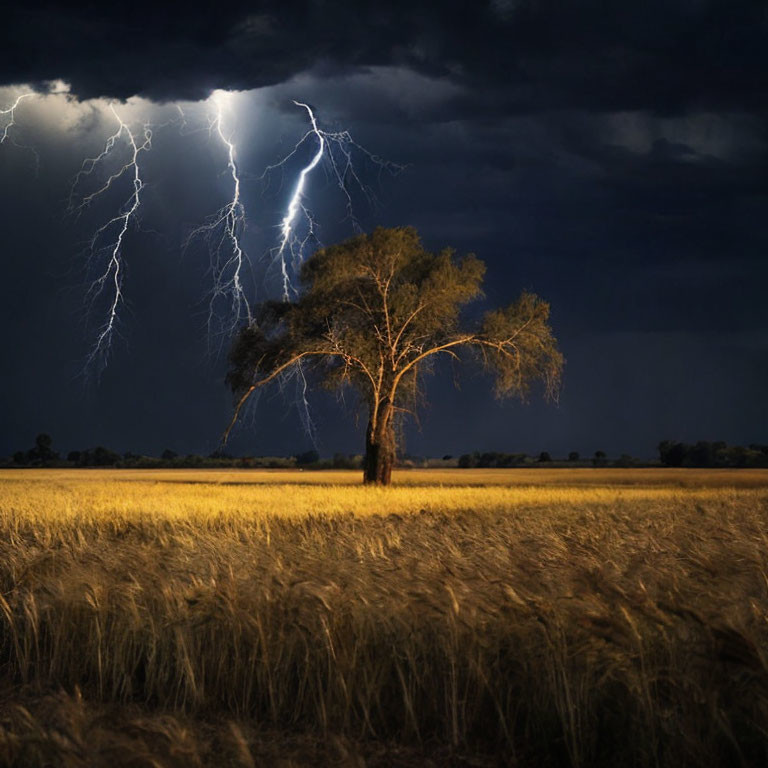 Solitary Tree in Wheat Field Under Stormy Sky with Lightning Strikes