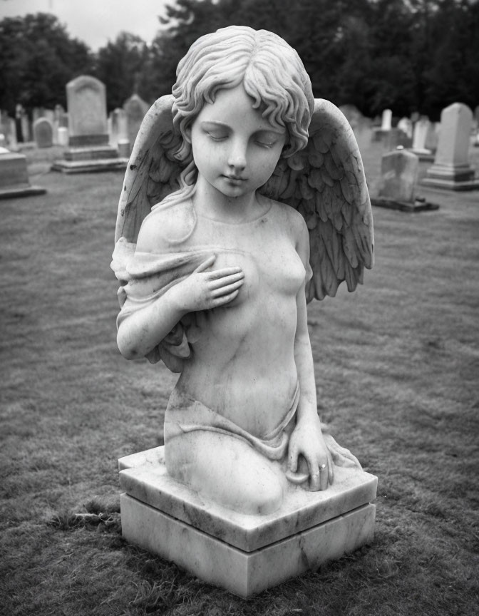 Angel statue with crossed hands in cemetery setting.