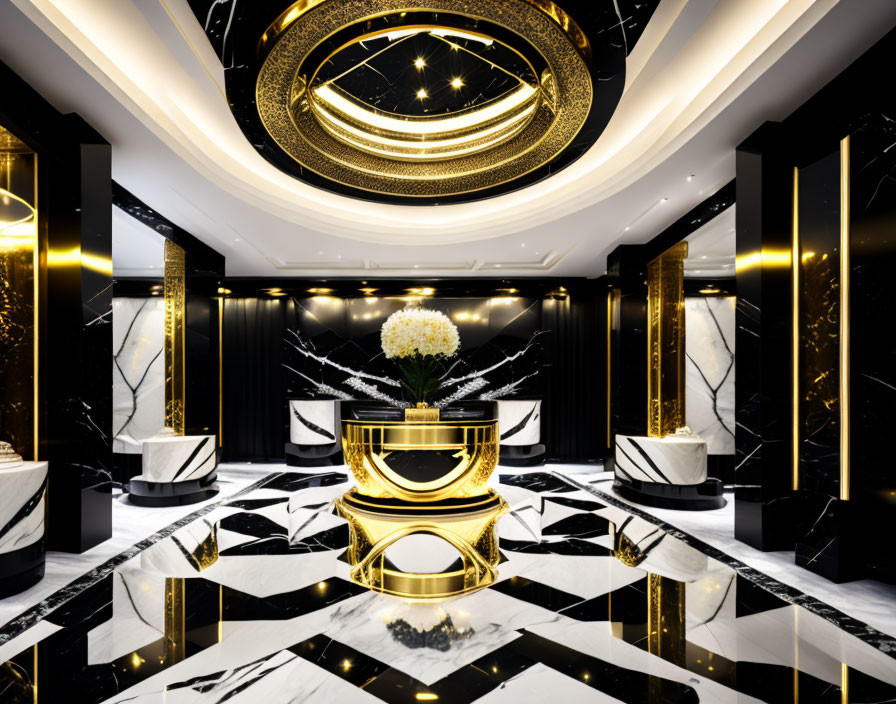 Elegant black and white marble lobby with gold accents and ornate flower display