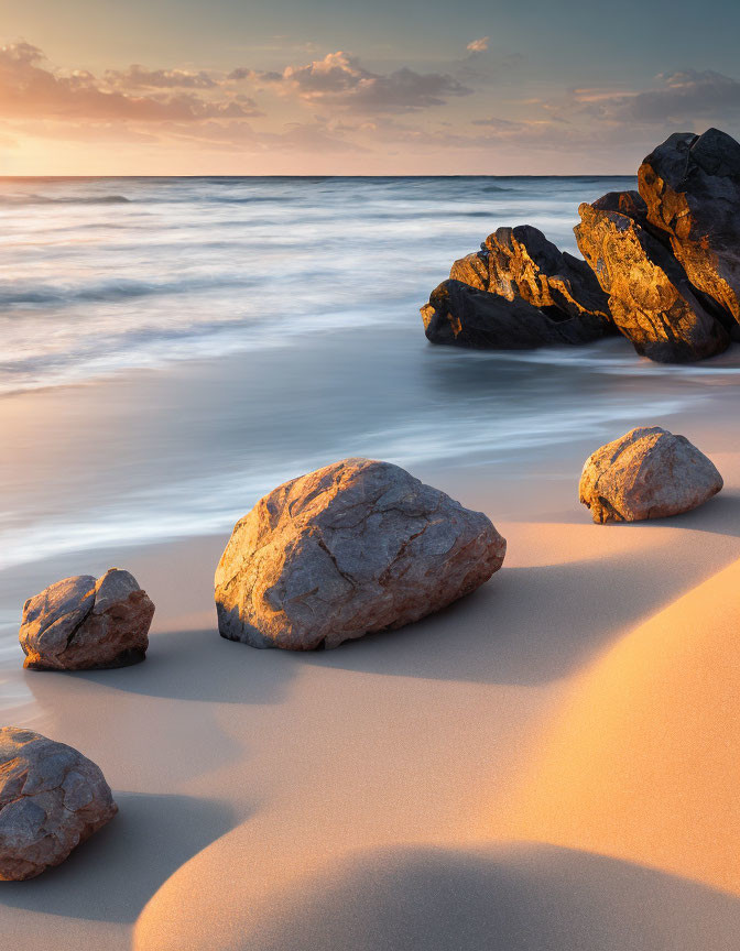 Tranquil beach scene at sunset with golden light and gentle waves