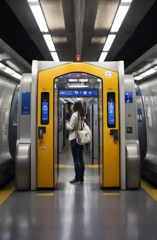 Person standing in modern subway train with open doors