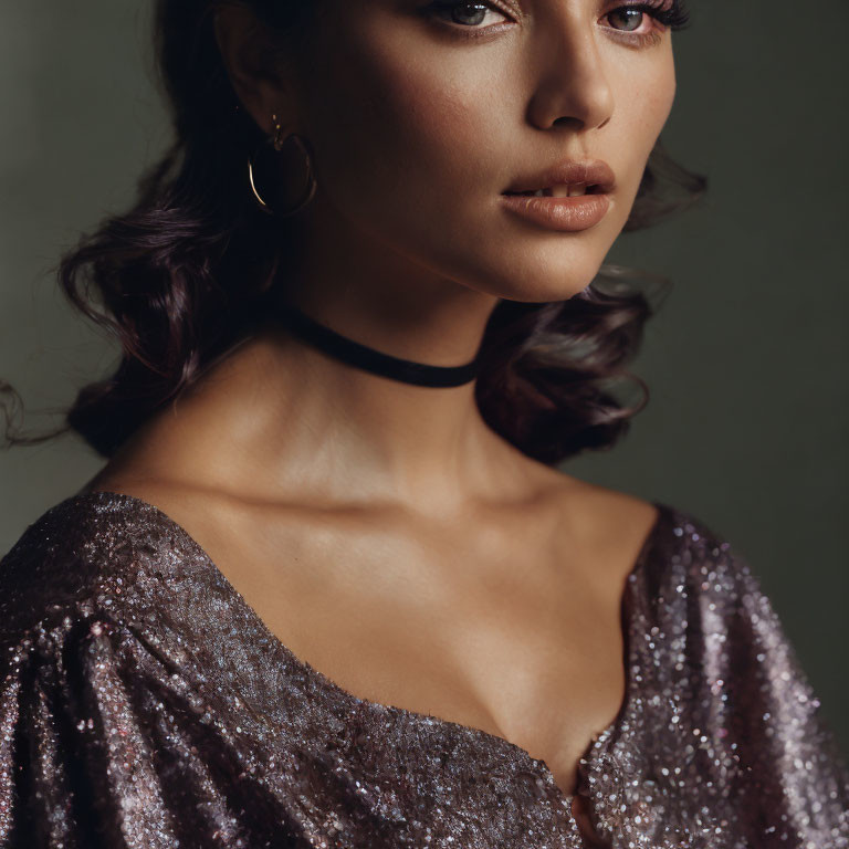 Sequined dress woman with choker, loose curls, and hoop earrings.