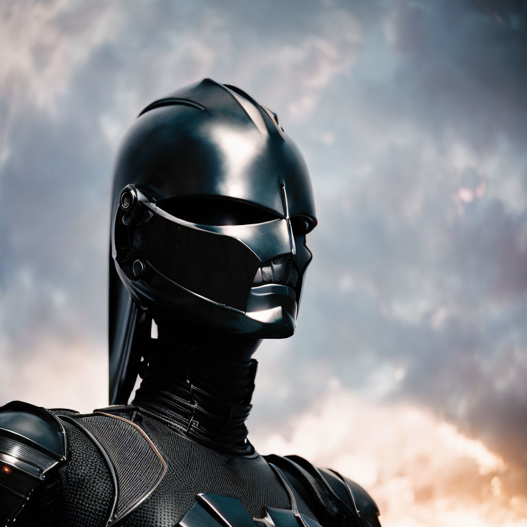 Futuristic robot with black helmet under dramatic sky