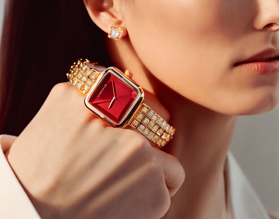 Woman in Luxurious Golden Watch and Earrings