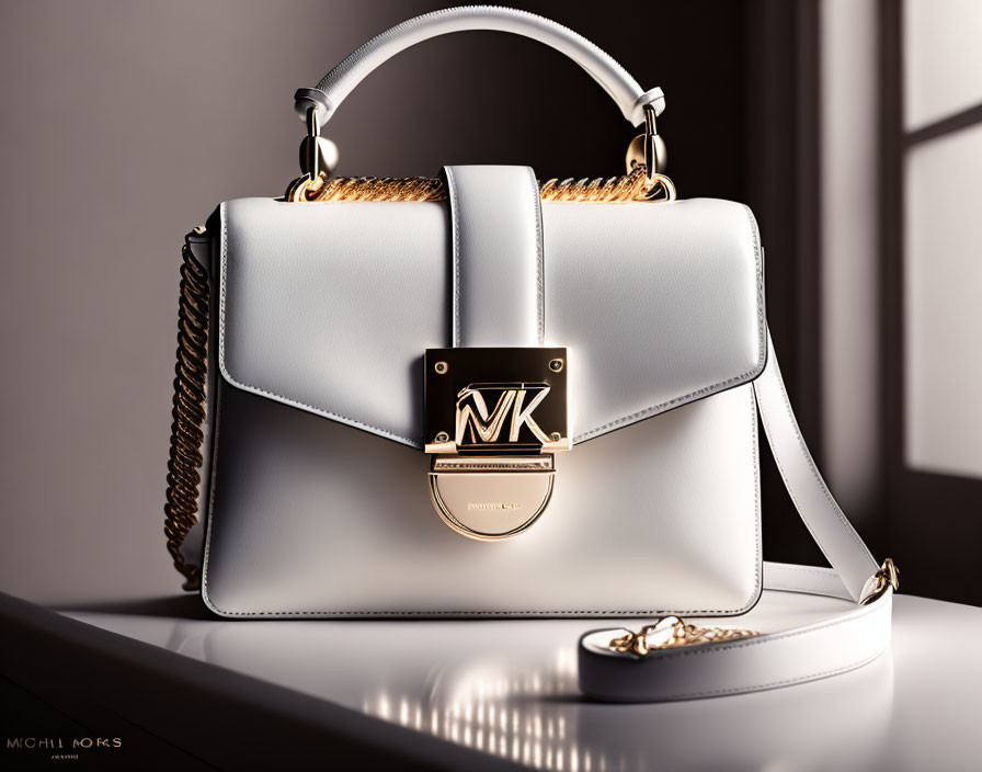 White Designer Handbag: Gold Chain Strap & Logo Clasp in Soft Light