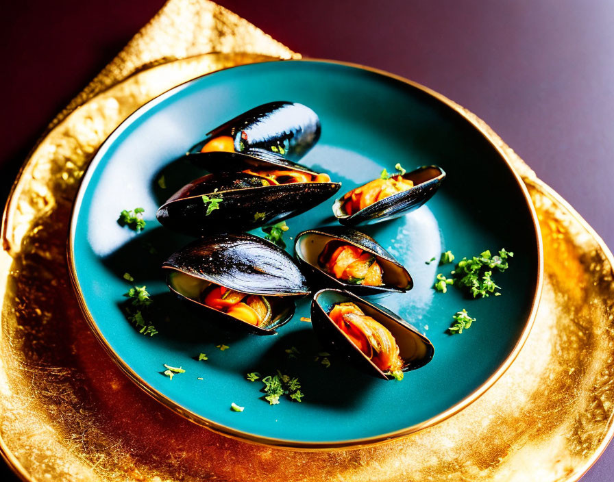 Freshly steamed mussels on blue plate with gold rim against dark backdrop