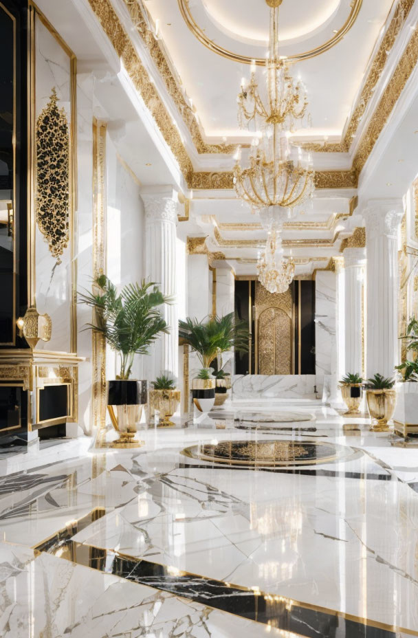 Luxurious interior with marble floors, gold accents, chandeliers, and grand columns.