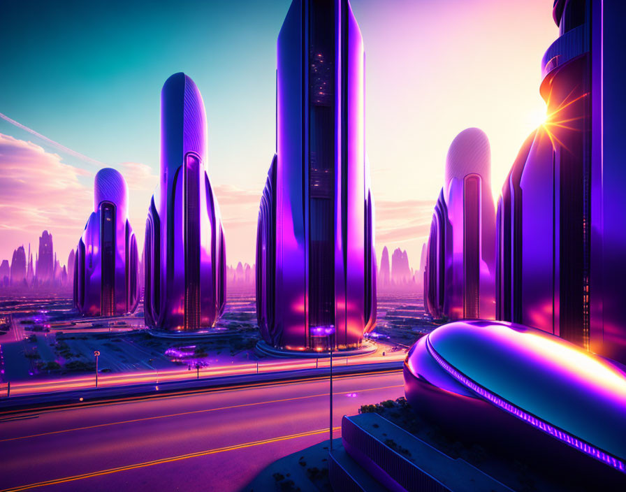 Futuristic cityscape with glowing purple buildings and bustling traffic.