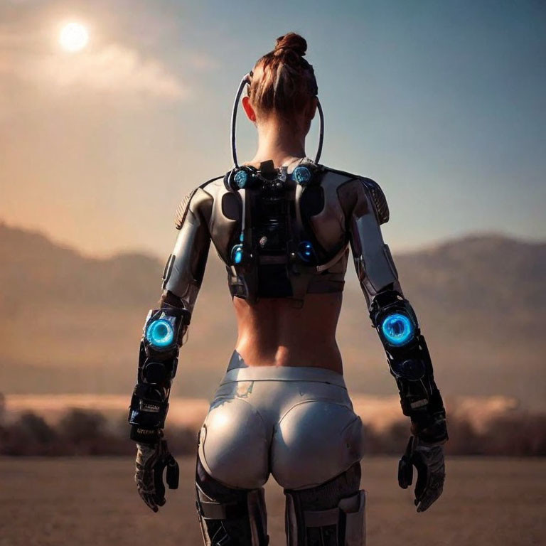 Futuristic robotic figure gazes at sun over desert mountains